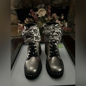 LIU JO Milano Pewter Leather Biker Style Studded Ankle Combat Boots Size 5